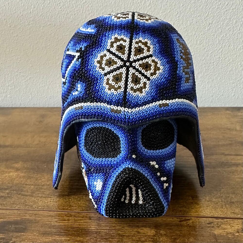 Huichol Beaded Darth Vader Helmet Blue Star Wars Folk Art Sculpture OOAK
